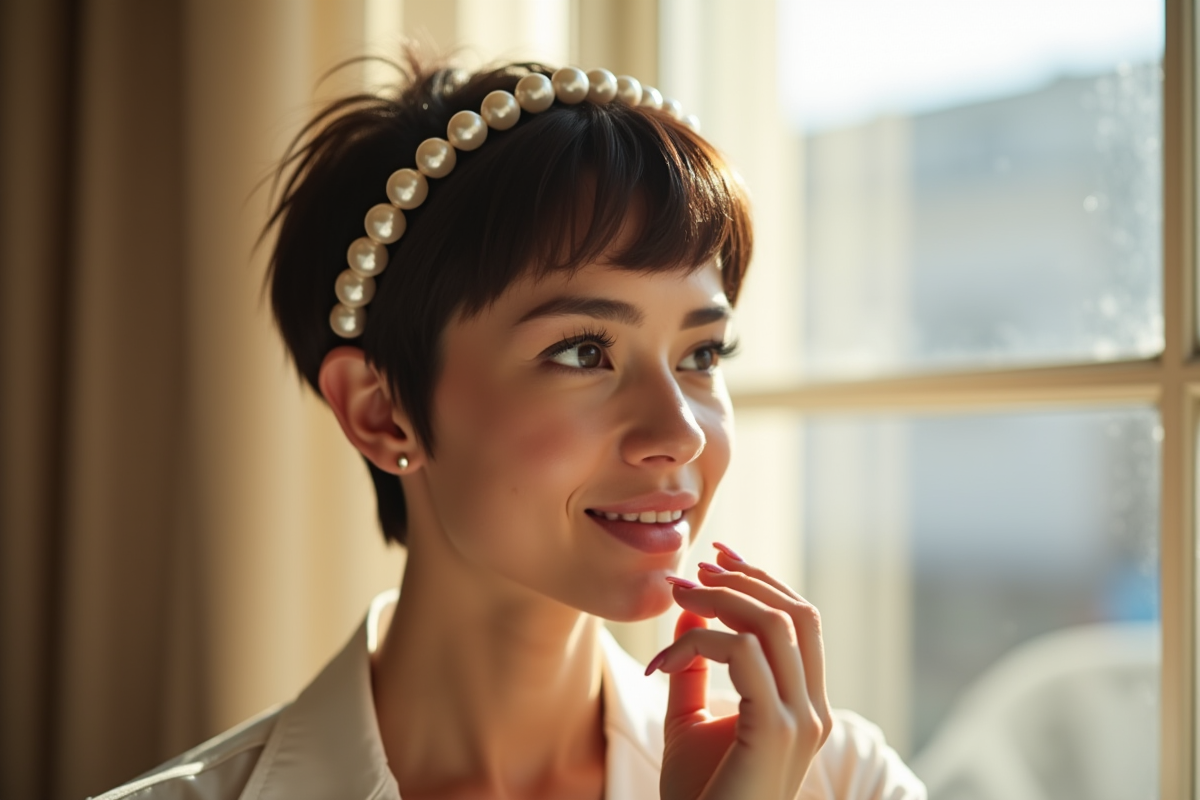 Femme avec coupe pixie appliquant ses finitions devant une fenêtre lumineuse