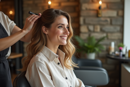 Femme souriante dans un salon en train de se faire coiffer