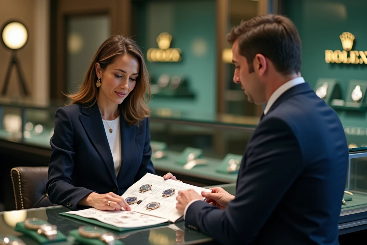 Femme consultant un spécialiste Rolex pour connaître le prix d'une Daytona en revendeur agréé