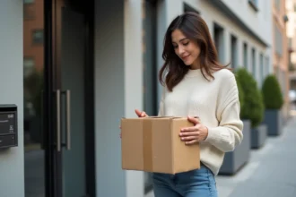 Femme examinant un colis devant un immeuble en ville