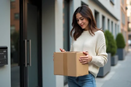 Femme examinant un colis devant un immeuble en ville