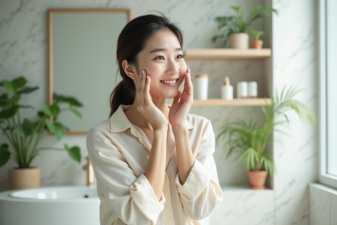 Femme coreenne appliquant une essence visage dans sa salle de bain