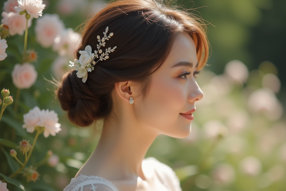 Femme élégante avec cheveux courts lors d'un mariage en extérieur