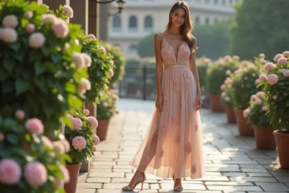 Femme élégante en robe florale ajustant ses talons