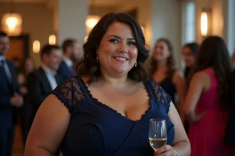 Femme élégante en robe navy lors d'un événement chic