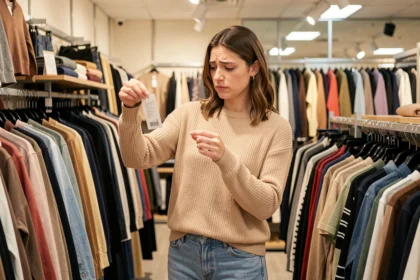 Femme examinant une étiquette de vêtement mentionnant une marque inconnue dans un magasin de prêt-à-porter