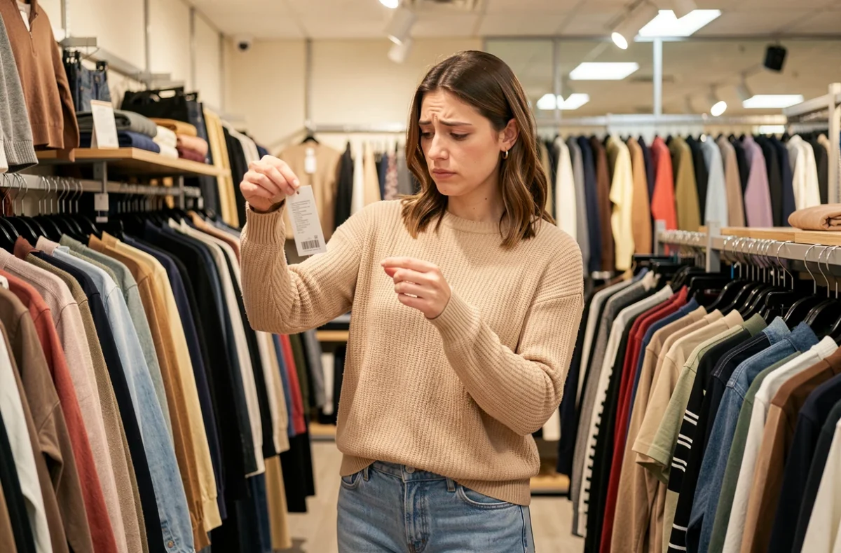 Femme examinant une étiquette de vêtement mentionnant une marque inconnue dans un magasin de prêt-à-porter