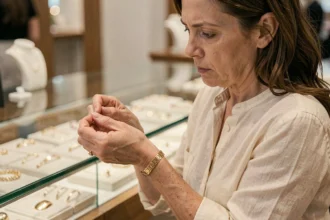 Femme examinant un bracelet en or dans une bijouterie, cherchant à éviter les erreurs d'achat coûteuses