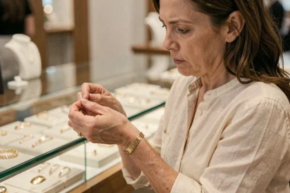 Femme examinant un bracelet en or dans une bijouterie, cherchant à éviter les erreurs d'achat coûteuses