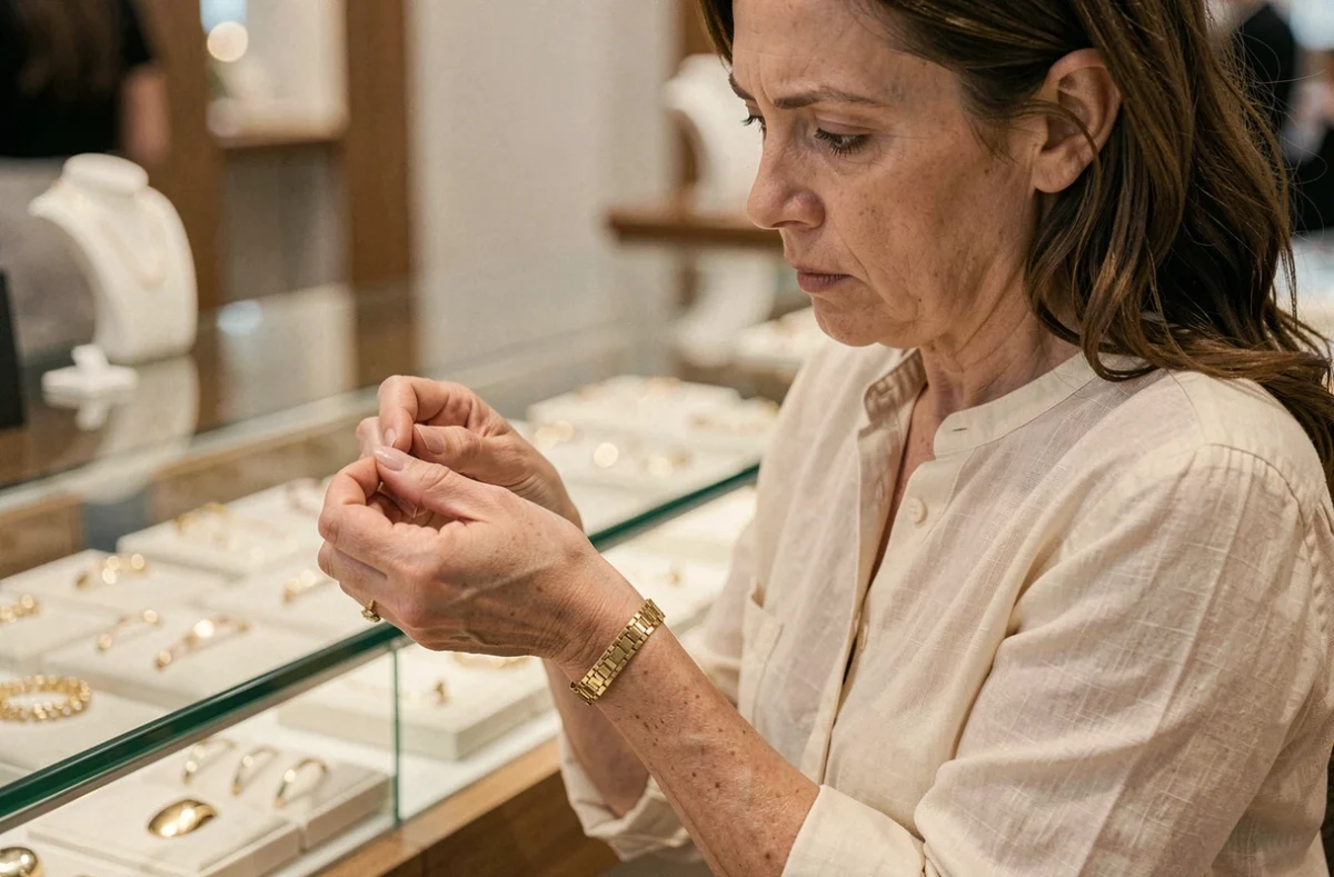 Femme examinant un bracelet en or dans une bijouterie, cherchant à éviter les erreurs d'achat coûteuses
