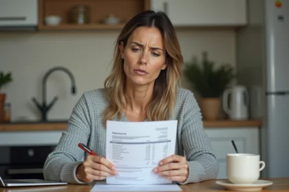 Femme examinant une facture incompréhensible avec une mention obscure à la table de cuisine