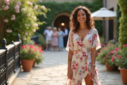Femme souriante en robe fleurie sur terrasse en été