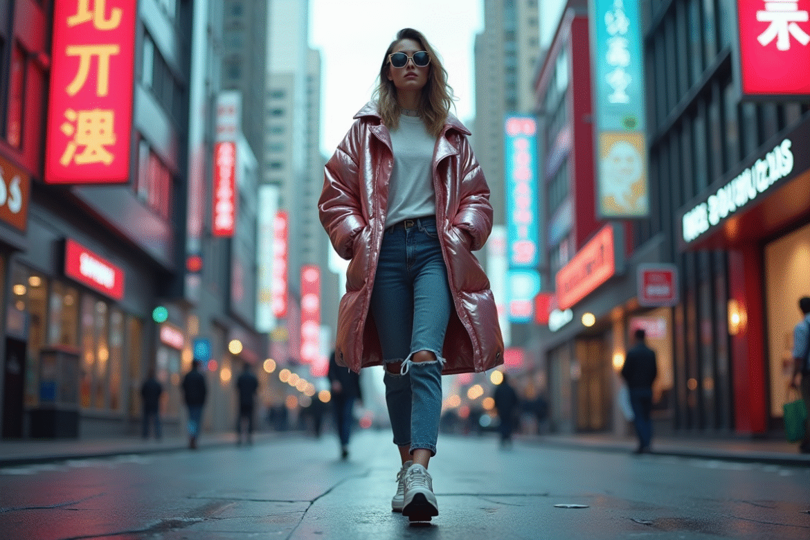 Jeune femme stylée dans une ville futuriste avec néons et mode Y2K