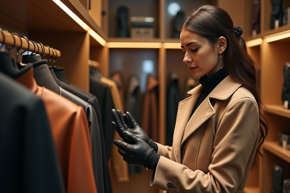 Jeune femme essayant des gants en cuir dans une boutique élégante
