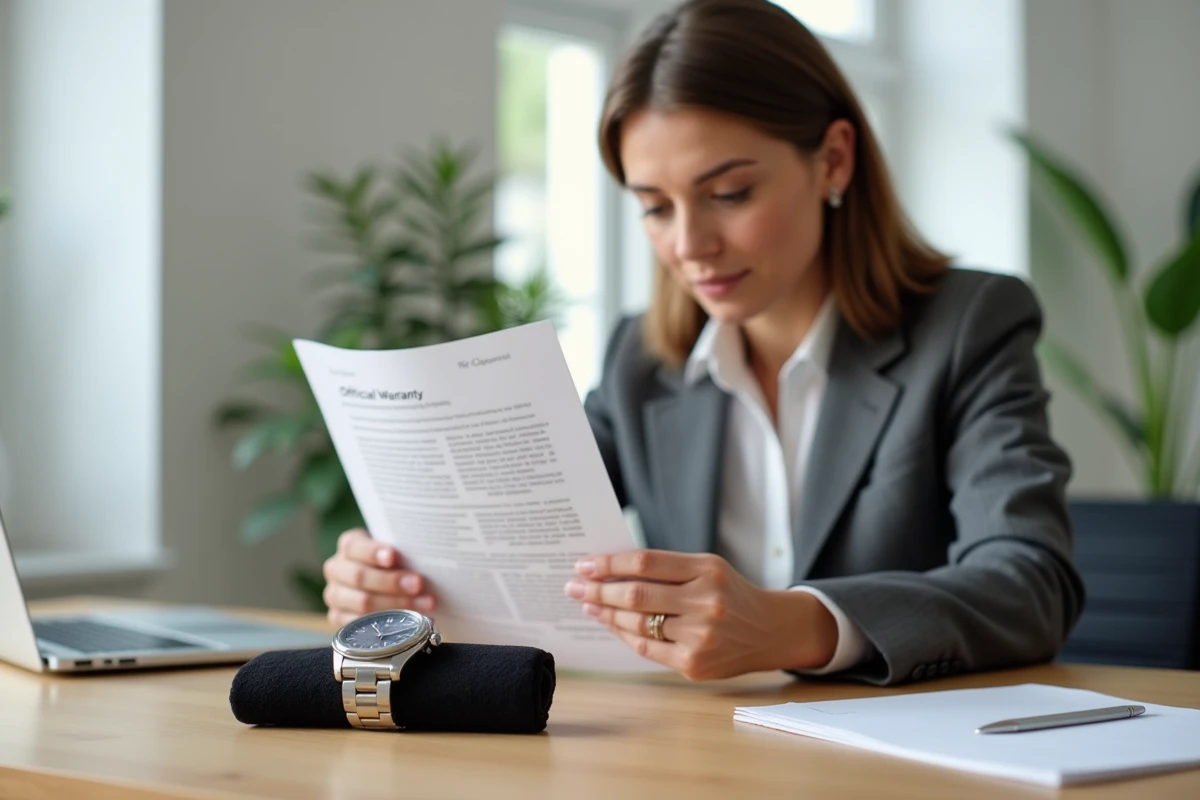 Femme lisant un certificat de garantie Rolex à son bureau, protection achat montre de luxe pas cher