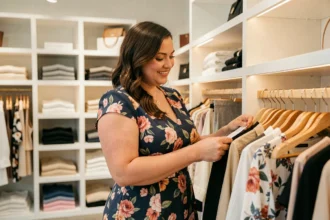 Femme grande taille souriante qui choisit des vêtements dans une boutique de mode moderne