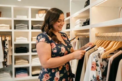 Femme grande taille souriante qui choisit des vêtements dans une boutique de mode moderne