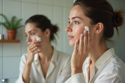 Femme appliquant une creme visage dans sa salle de bain