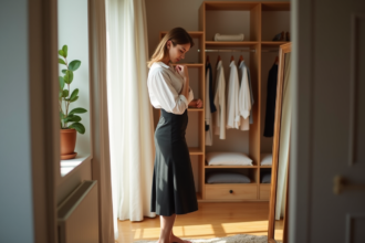 Femme élégante en jupe midi et blouse dans une chambre lumineuse