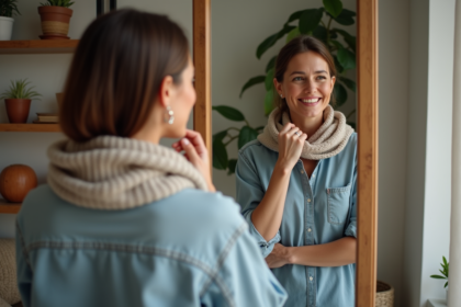 Femme regardant son reflet dans un miroir intérieur
