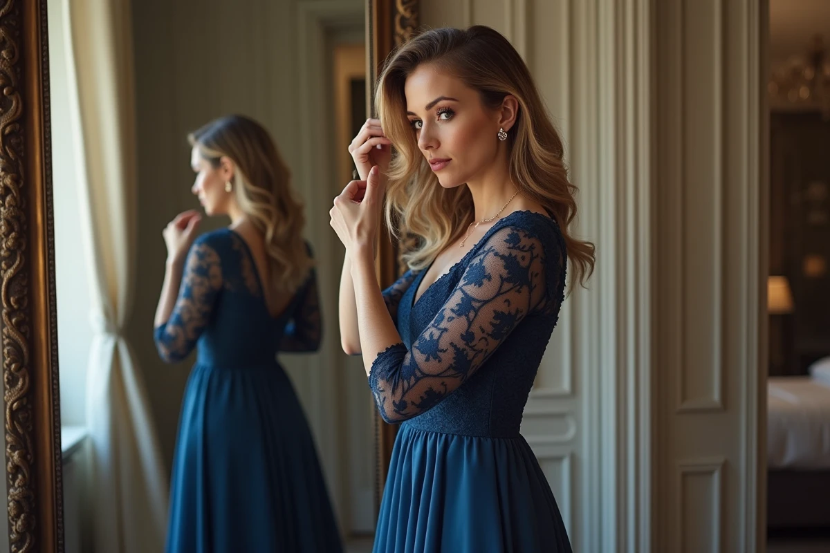 Femme ajustant ses cheveux dans un miroir élégant