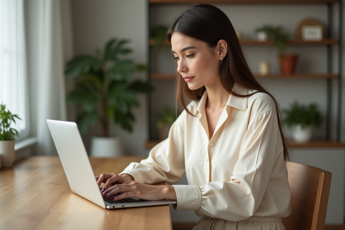 Femme tendance utilisant un ordinateur portable dans un intérieur cosy