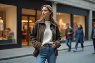 Femme urbaine en veste délavée devant boutique tendance