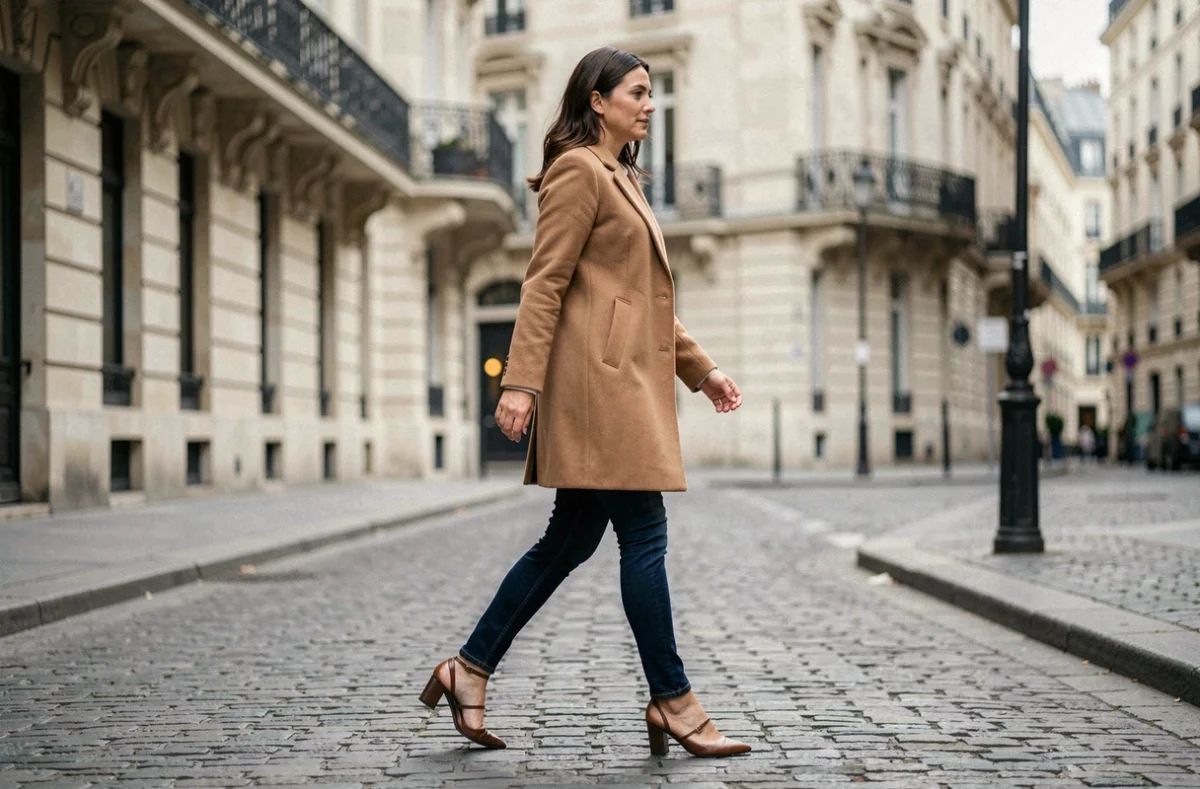 Femme en manteau camel marchant sur les pavés parisiens avec des mules à talons en cuir français de luxe et une sangle cheville