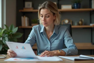 Femme d'âge moyen étudie un graphique de prix dans son bureau