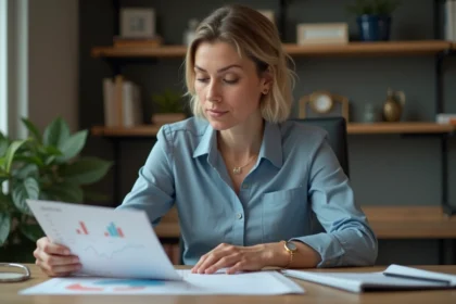 Femme d'âge moyen étudie un graphique de prix dans son bureau