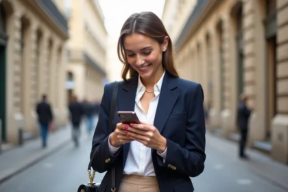 Femme élégante en blazer à Paris dans la rue