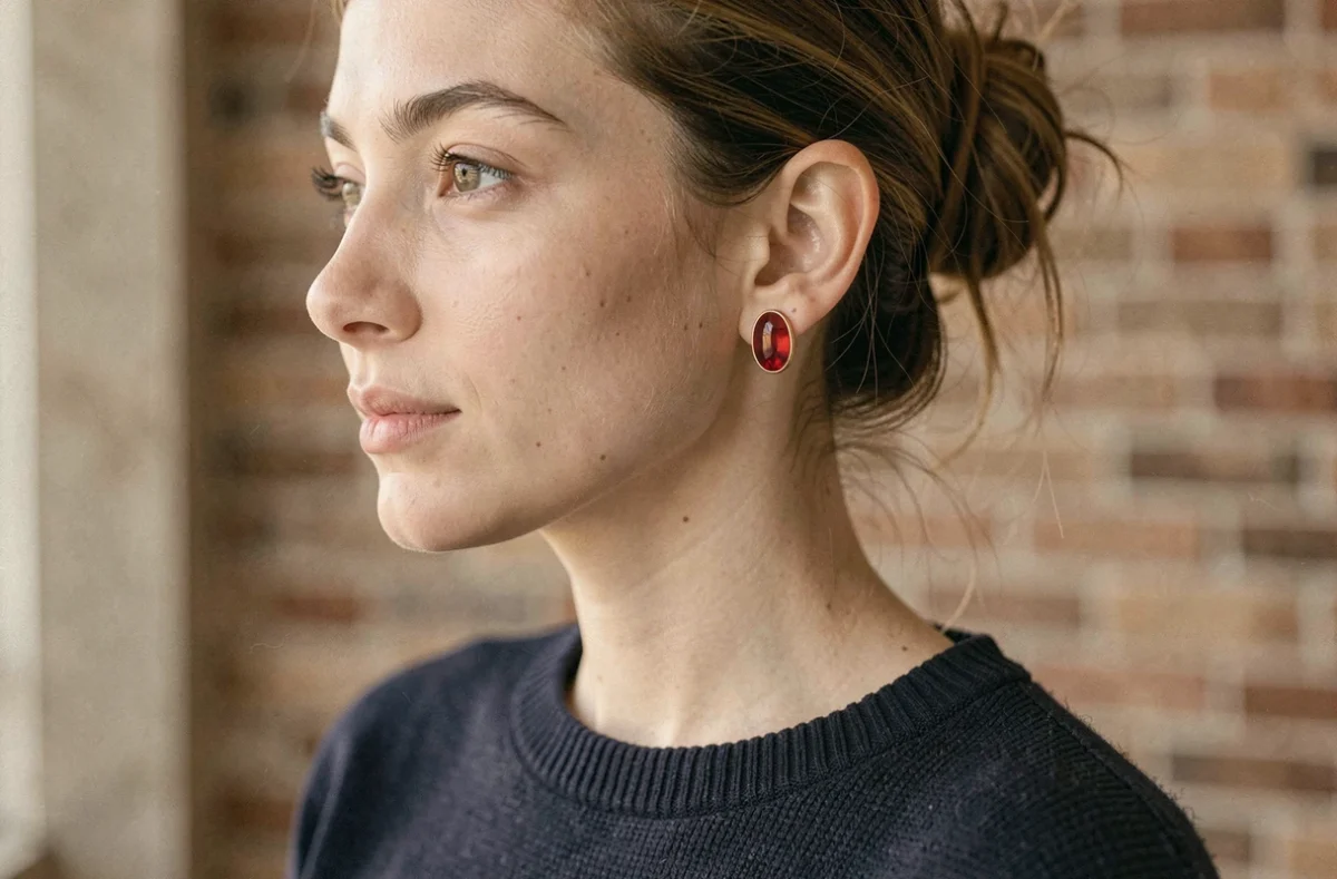 Jeune femme portant une boucle d'oreille Potara Dragon Ball rouge et dorée à l'oreille gauche, portrait en intérieur