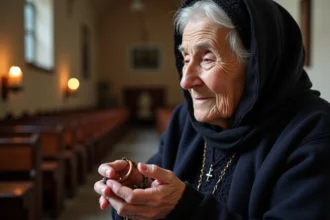 Vieille femme portugaise tenant un chapelet devant une chapelle catholique historique au Portugal