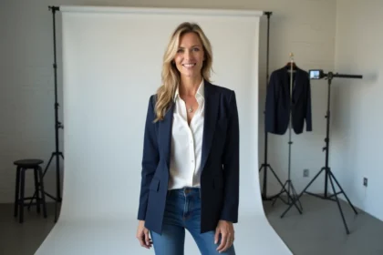Femme confiante en blazer navy et jeans dans un studio