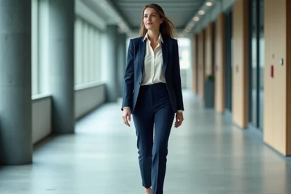 Femme professionnelle marchant avec assurance en talons hauts noirs dans un bureau moderne aux sols en béton poli