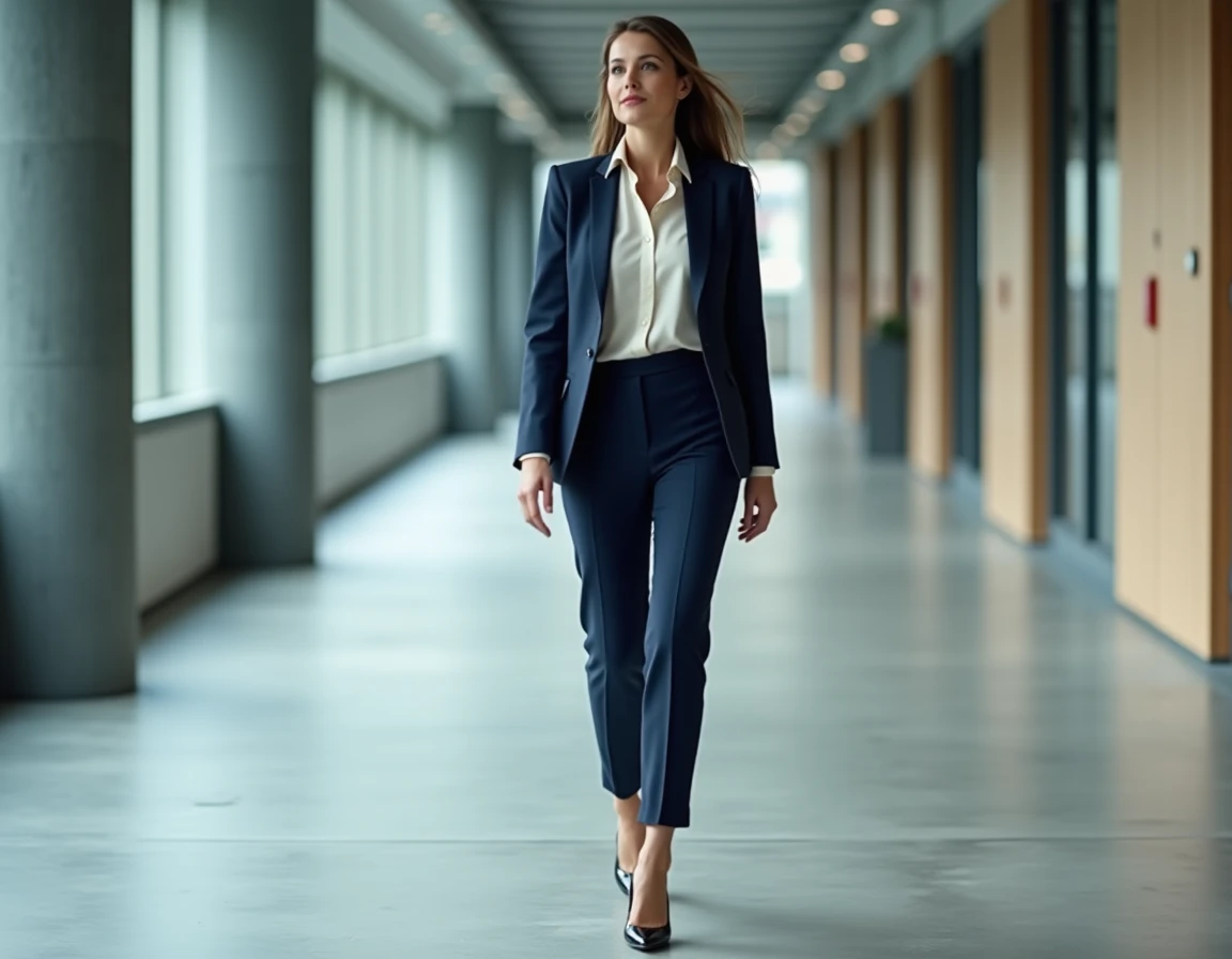 Femme professionnelle marchant avec assurance en talons hauts noirs dans un bureau moderne aux sols en béton poli