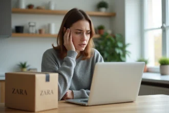 Jeune femme rédigeant une lettre de réclamation ZARA sur son ordinateur portable après un retard de livraison