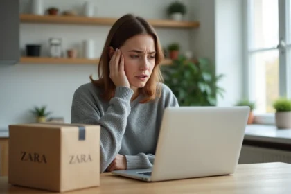 Jeune femme rédigeant une lettre de réclamation ZARA sur son ordinateur portable après un retard de livraison