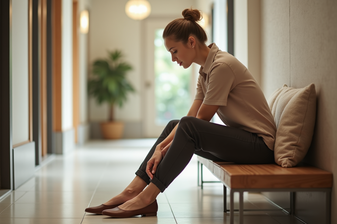 Femme assise sur un banc avec ses chaussures élégantes