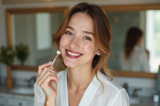 Femme souriante appliquant rouge satin sur les lèvres