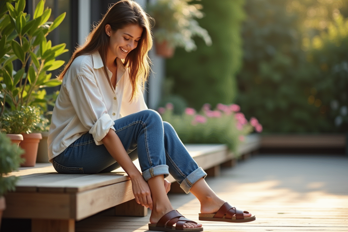 Jeune femme en sandales ergonomiques dans un jardin lumineux