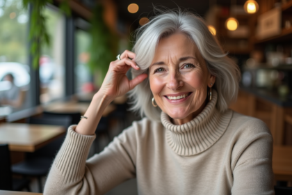 Femme élégante de 60 ans dans un café cosy