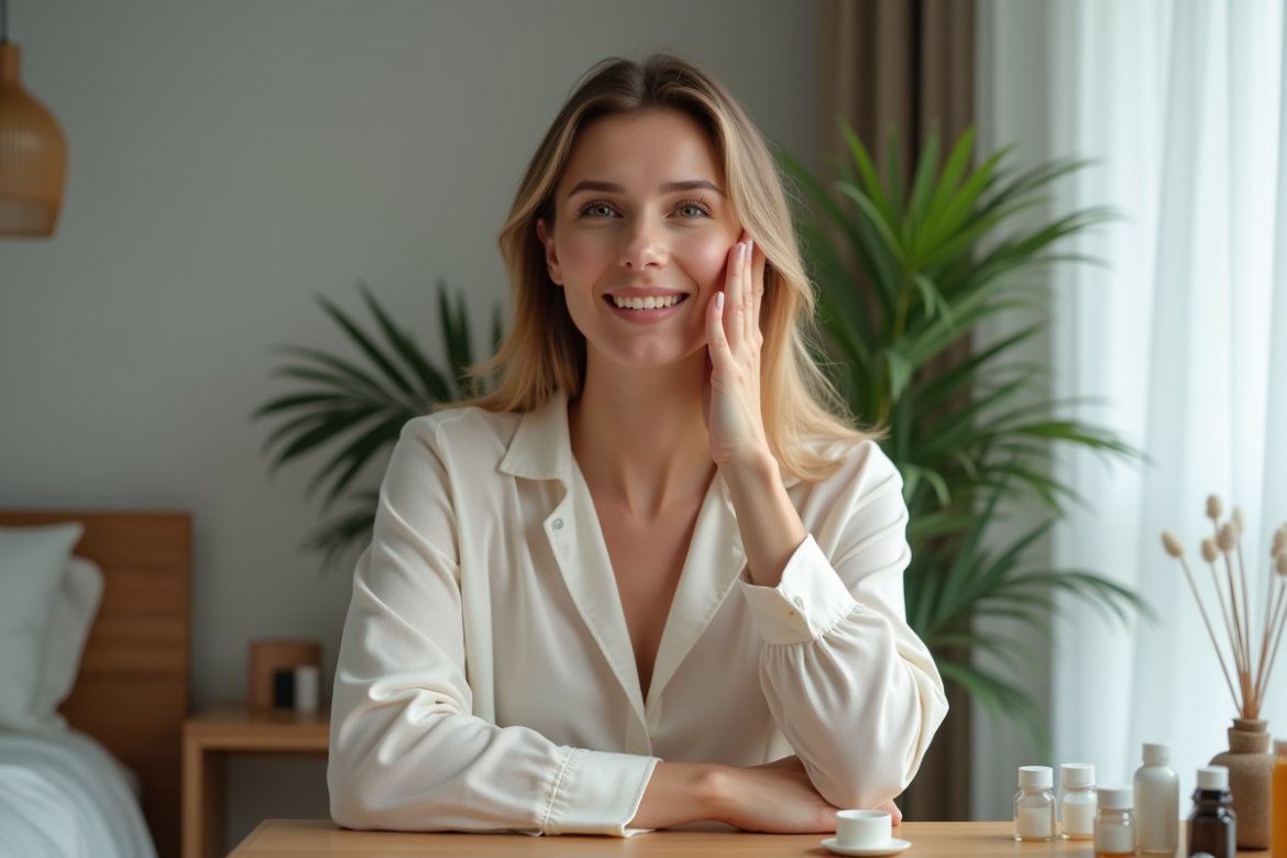 Femme appliquant un serum visage dans sa chambre