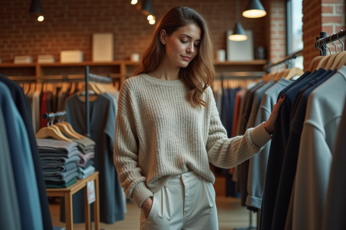Jeune femme en streetwear regardant des vêtements en boutique