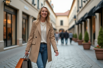 Femme souriante avec sacs de shopping dans un outlet européen