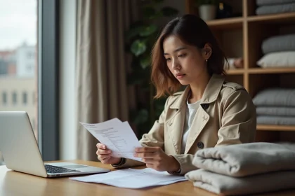 Femme en tenue chic examine des tickets de caisse vêtements