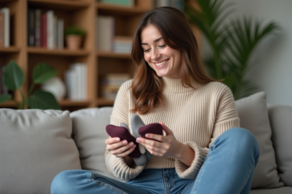 Femme souriante choisissant des chaussettes colorées à la maison