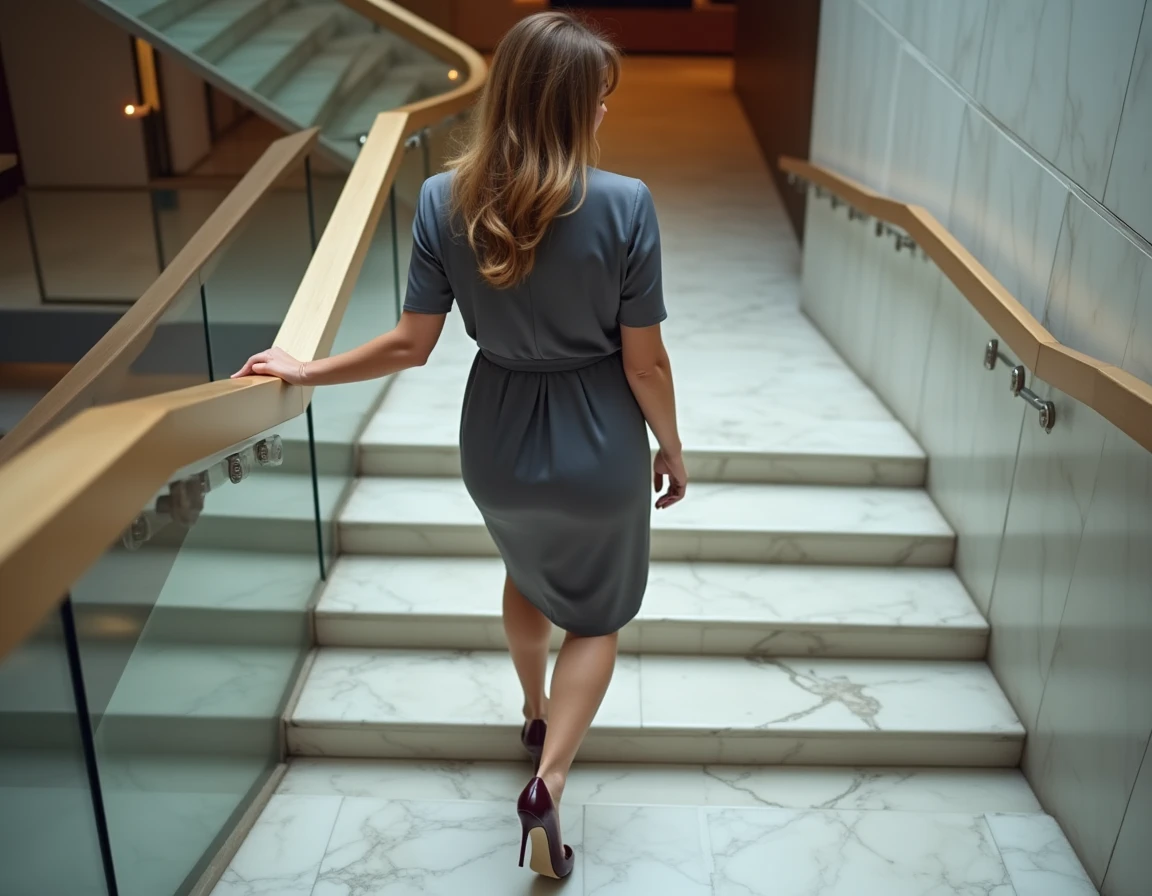 Femme en robe portefeuille et talons chaton descendant un escalier en marbre dans un immeuble de bureaux