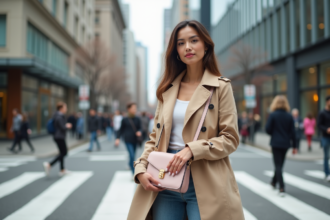 Femme élégante avec sac pastel dans la ville