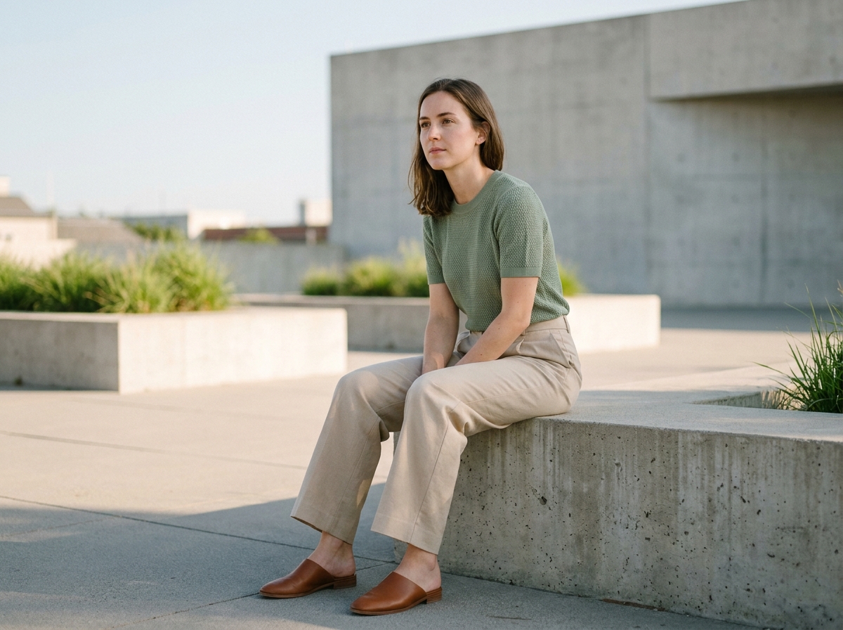Femme élégante en T-shirt vert sauge et pantalon beige dans un espace architectural moderne